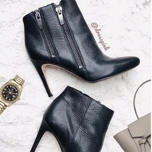 Via Spiga double zipper black leather heel booties